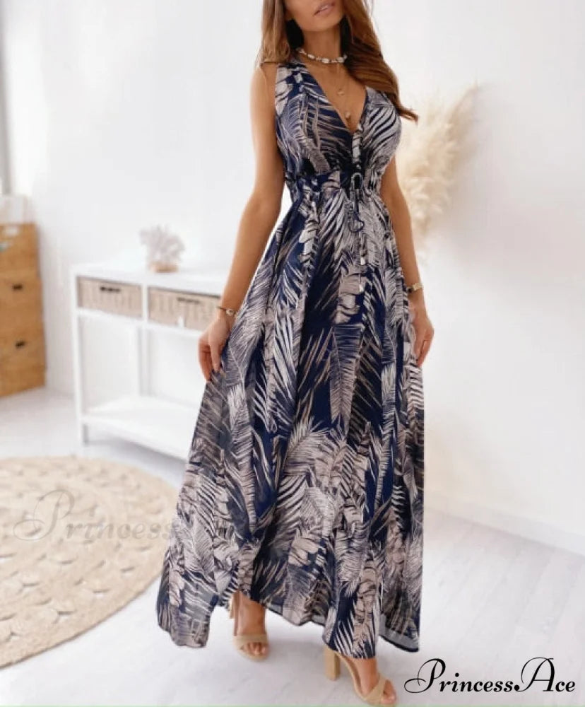 Sexy Deep V-Neck Ankle-Length Beach Party Dress Blue / S