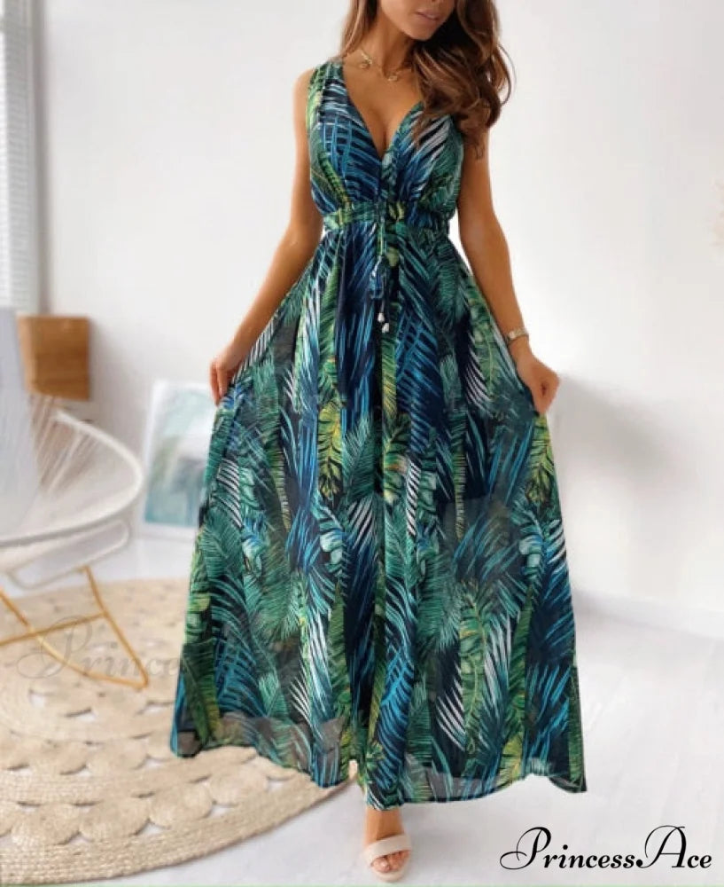 Sexy Deep V-Neck Ankle-Length Beach Party Dress green / S