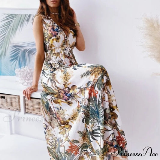 Sexy Deep V-Neck Ankle-Length Beach Party Dress white / S