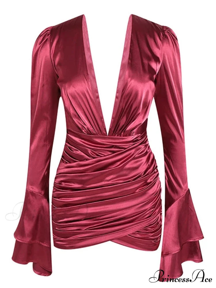 Sexy Deep V Neck Flare Sleeve Pleats Mini Backless Christmas Party Dress PINK / S