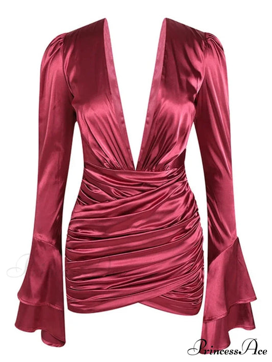 Sexy Deep V Neck Flare Sleeve Pleats Mini Backless Christmas Party Dress PINK / S