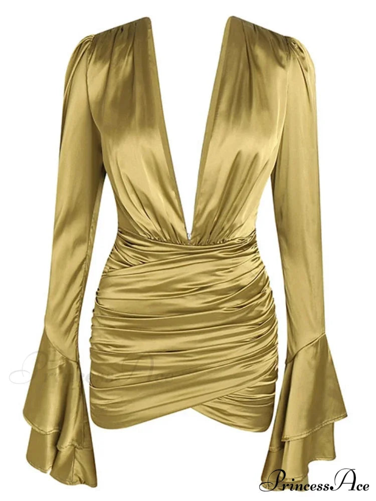 Sexy Deep V Neck Flare Sleeve Pleats Mini Backless Christmas Party Dress YELLOW / S