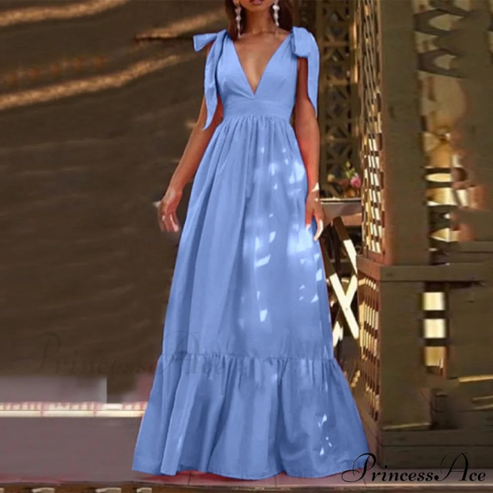 Sexy Deep V Neck Maxi Dresses Blue / S