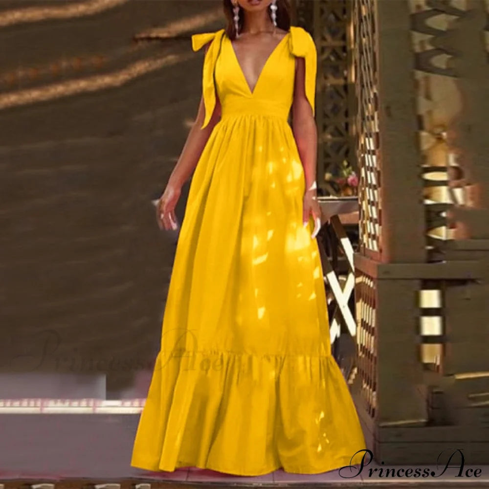 Sexy Deep V Neck Maxi Dresses Yellow / S
