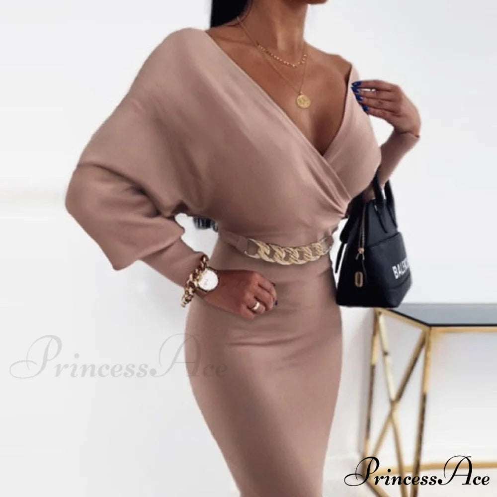 Sexy Deep V Neck Office Lady Long Sleeve Dress Brown(no belt) / M