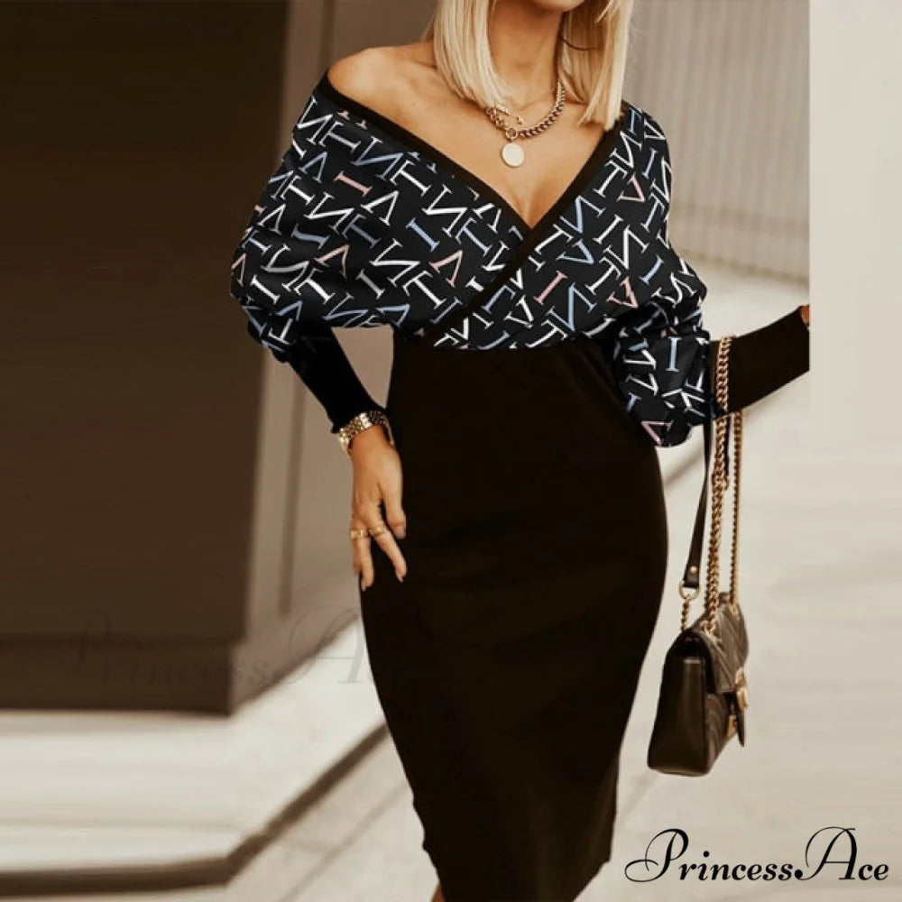 Sexy Deep V Neck Office Lady Long Sleeve Dress Letter Print / M