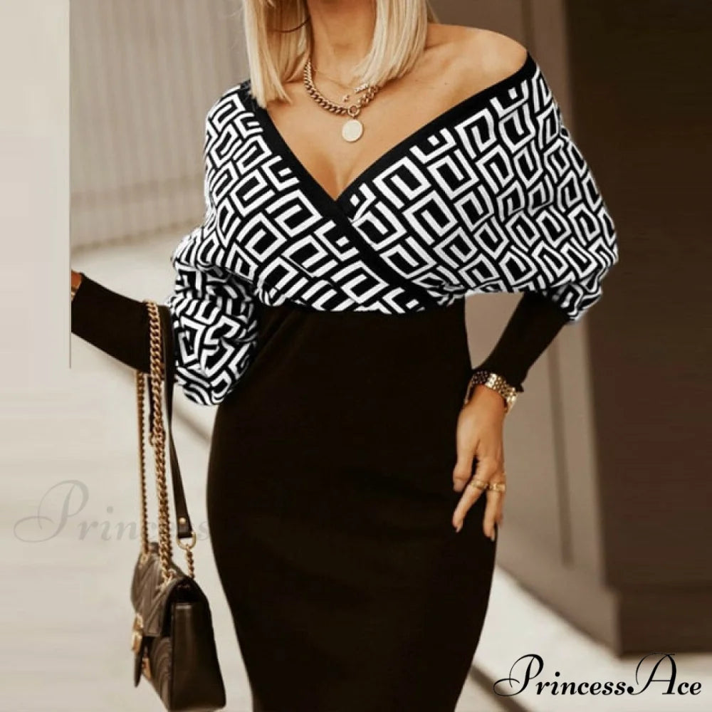 Sexy Deep V Neck Office Lady Long Sleeve Dress Patchwork / M