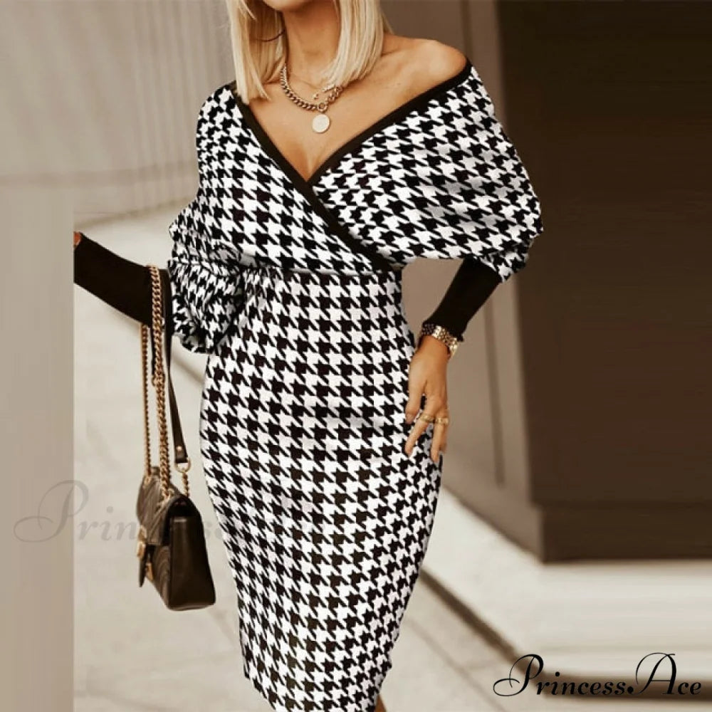 Sexy Deep V Neck Office Lady Long Sleeve Dress Print / M
