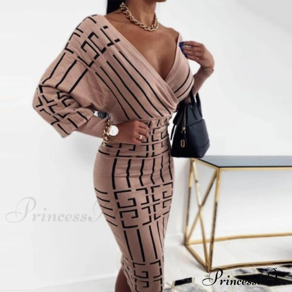 Sexy Deep V Neck Office Lady Long Sleeve Dress Striped Brown / M