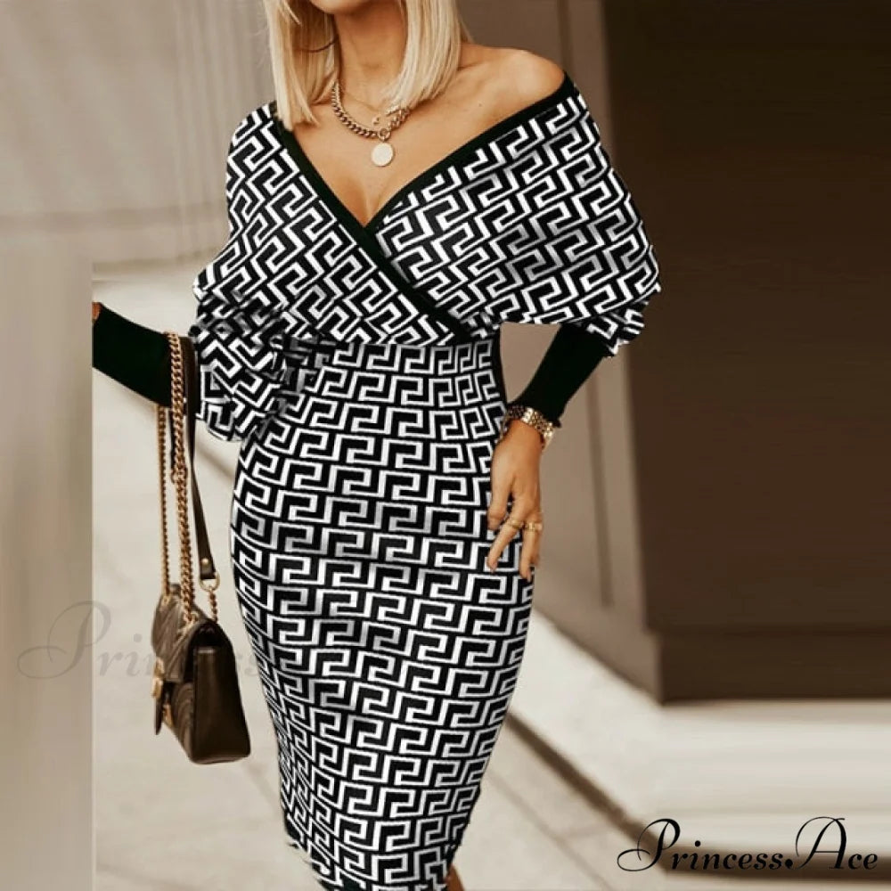 Sexy Deep V Neck Office Lady Long Sleeve Dress White Print / M