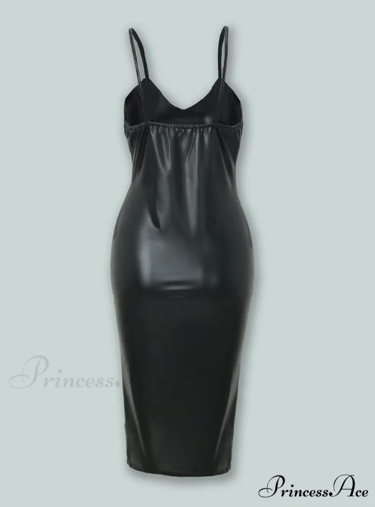 Sexy Deep V-neck PU High Slit Bodycon Slip Dress for Women