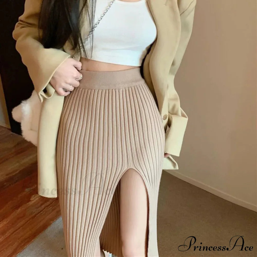 Sexy Elegant Slim Fit High-Waisted Knitted Chic Autumn Winter Midi Skirt