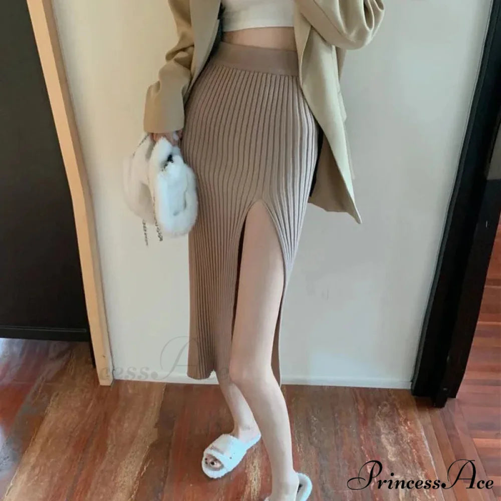 Sexy Elegant Slim Fit High-Waisted Knitted Chic Autumn Winter Midi Skirt Khaki / One Size