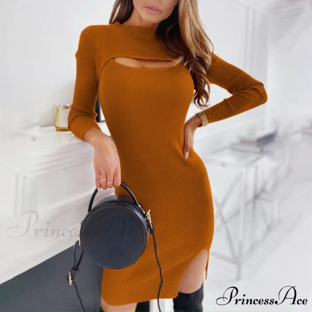 Sexy Fashion Cut Out Slim Party Dress Brown Dresses / S