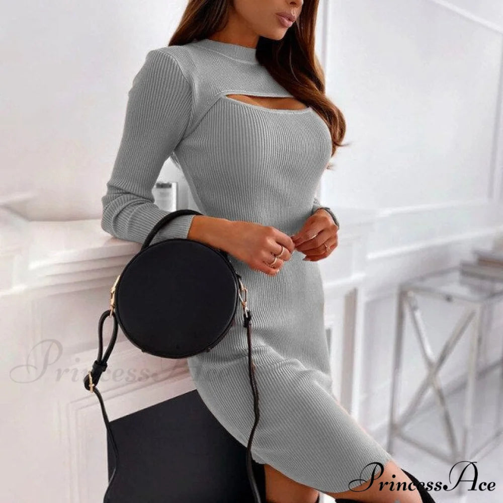 Sexy Fashion Cut Out Slim Party Dress French grey Dresses / S