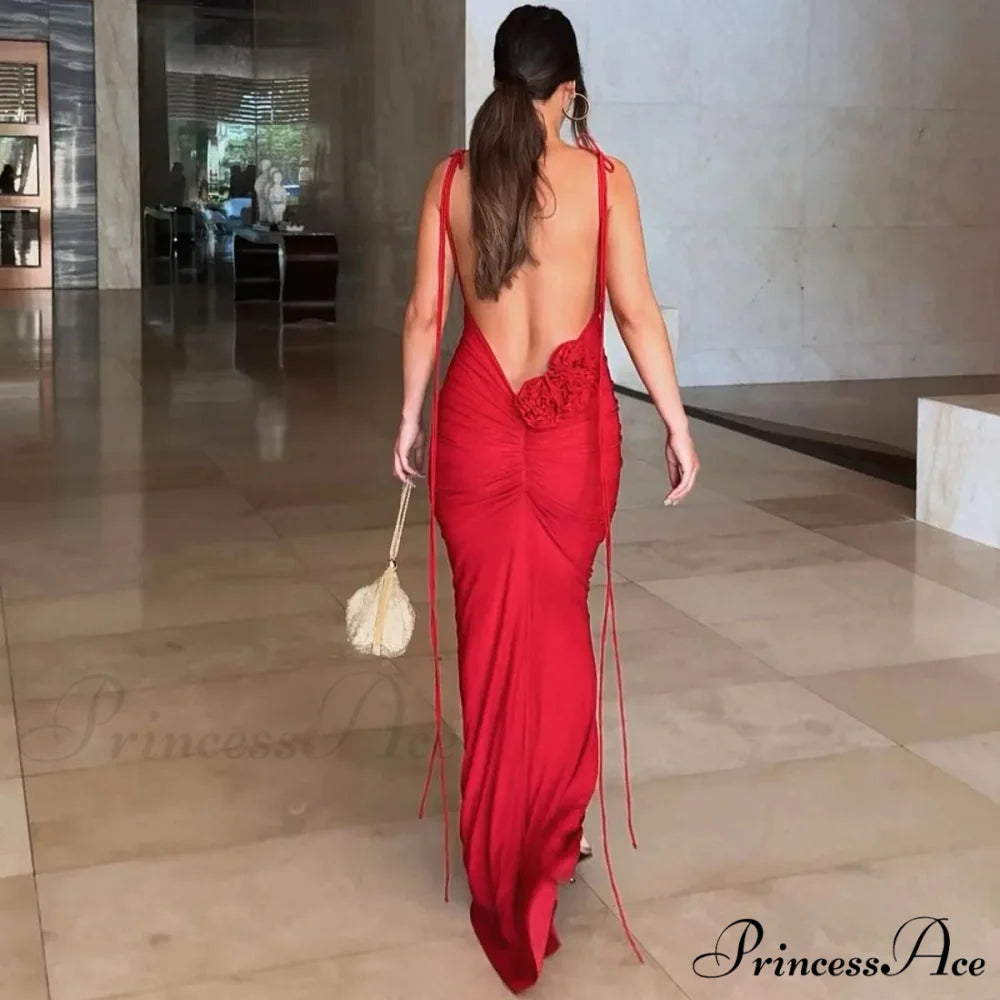 Sexy Floral-applique Backless Elegant Maxi Christmas Party Dress