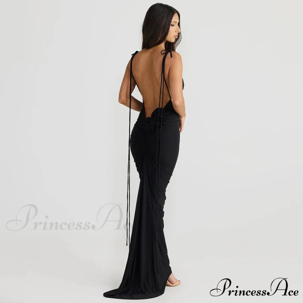 Sexy Floral-applique Backless Elegant Maxi Christmas Party Dress