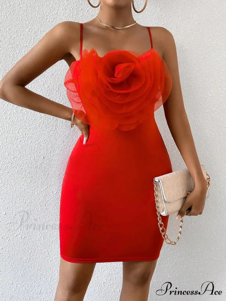 Sexy Floral Cami Braces Backless Red Christmas Party Dress