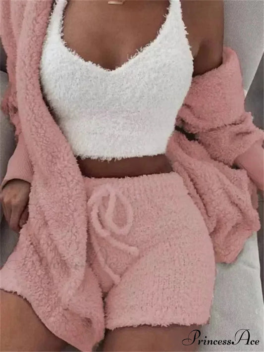 Sexy Fluffy Autumn Piece Sweatshirt Backless Plush Home Sports Women Pyjamas Wear Winter Fleece Outfits Sets 3 Casual