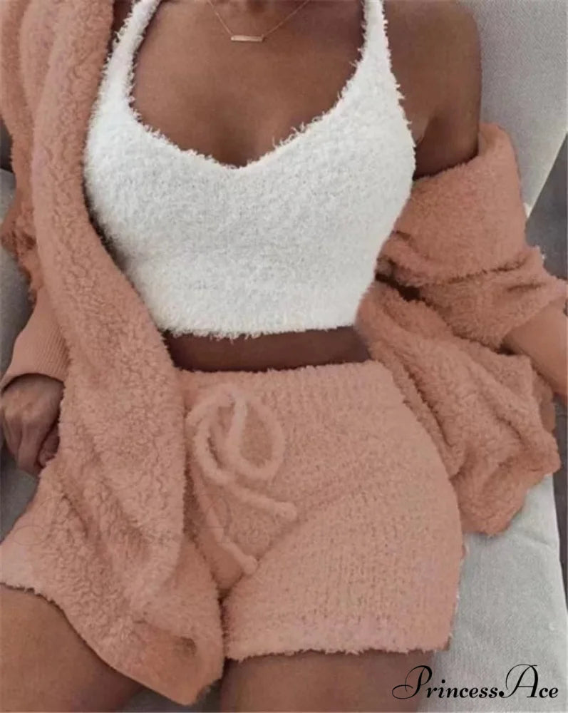 Sexy Fluffy Autumn Piece Sweatshirt Backless Plush Home Sports Women Pyjamas Wear Winter Fleece Outfits Sets 3 Casual