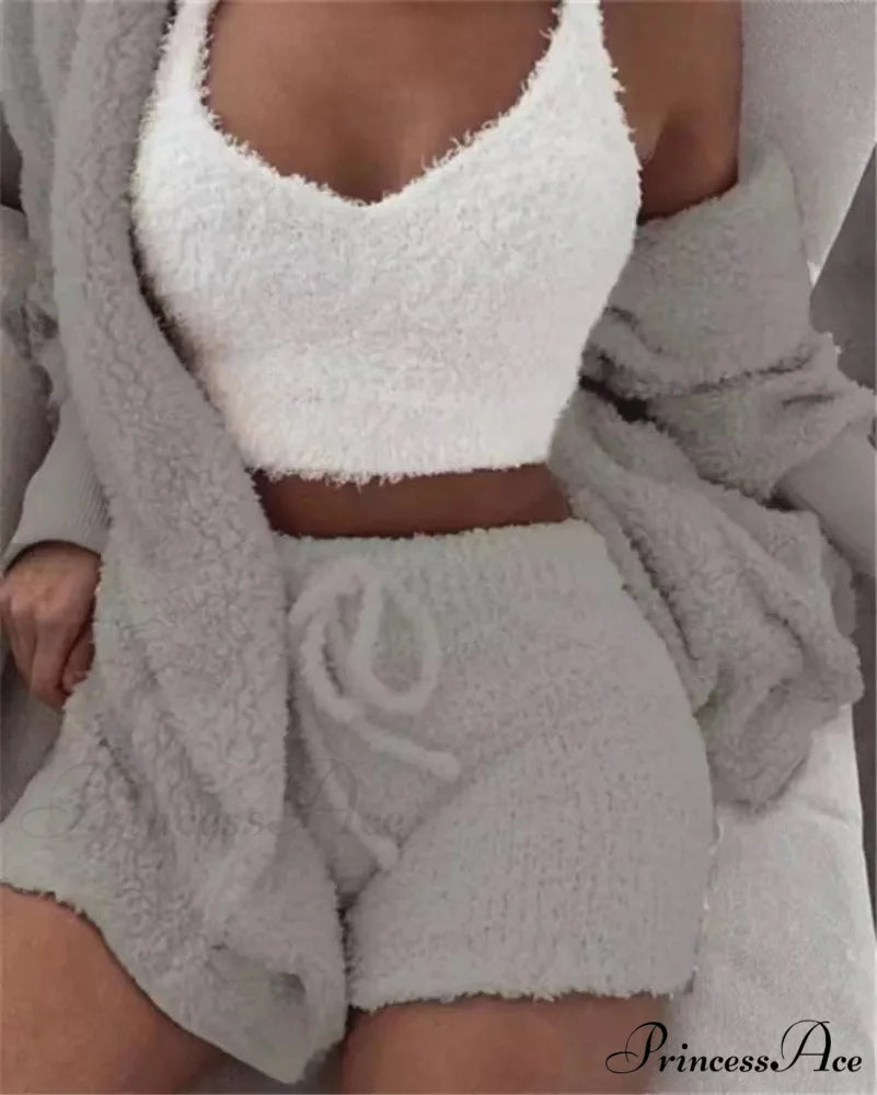 Sexy Fluffy Autumn Piece Sweatshirt Backless Plush Home Sports Women Pyjamas Wear Winter Fleece Outfits Sets 3 Casual