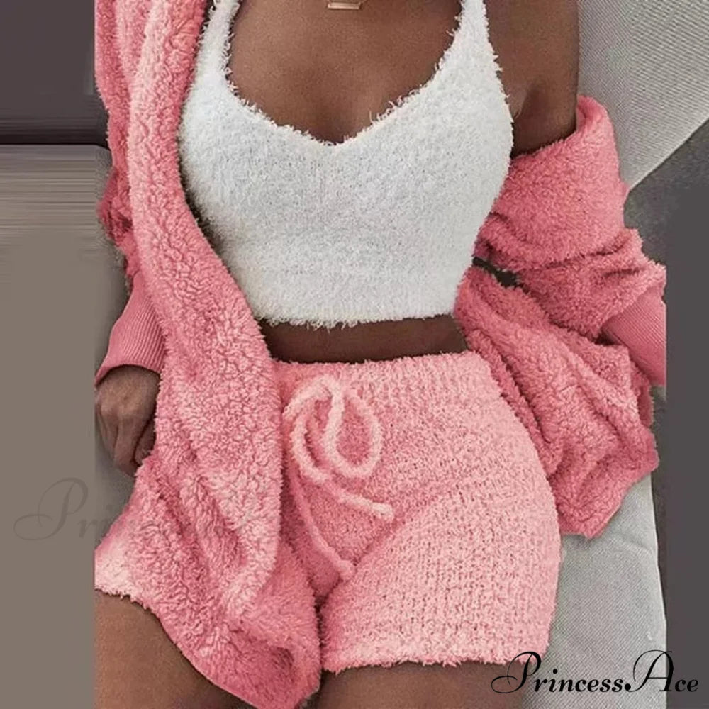 Sexy Fluffy Autumn Piece Sweatshirt Backless Plush Home Sports Women Pyjamas Wear Winter Fleece Outfits Sets 3 Casual