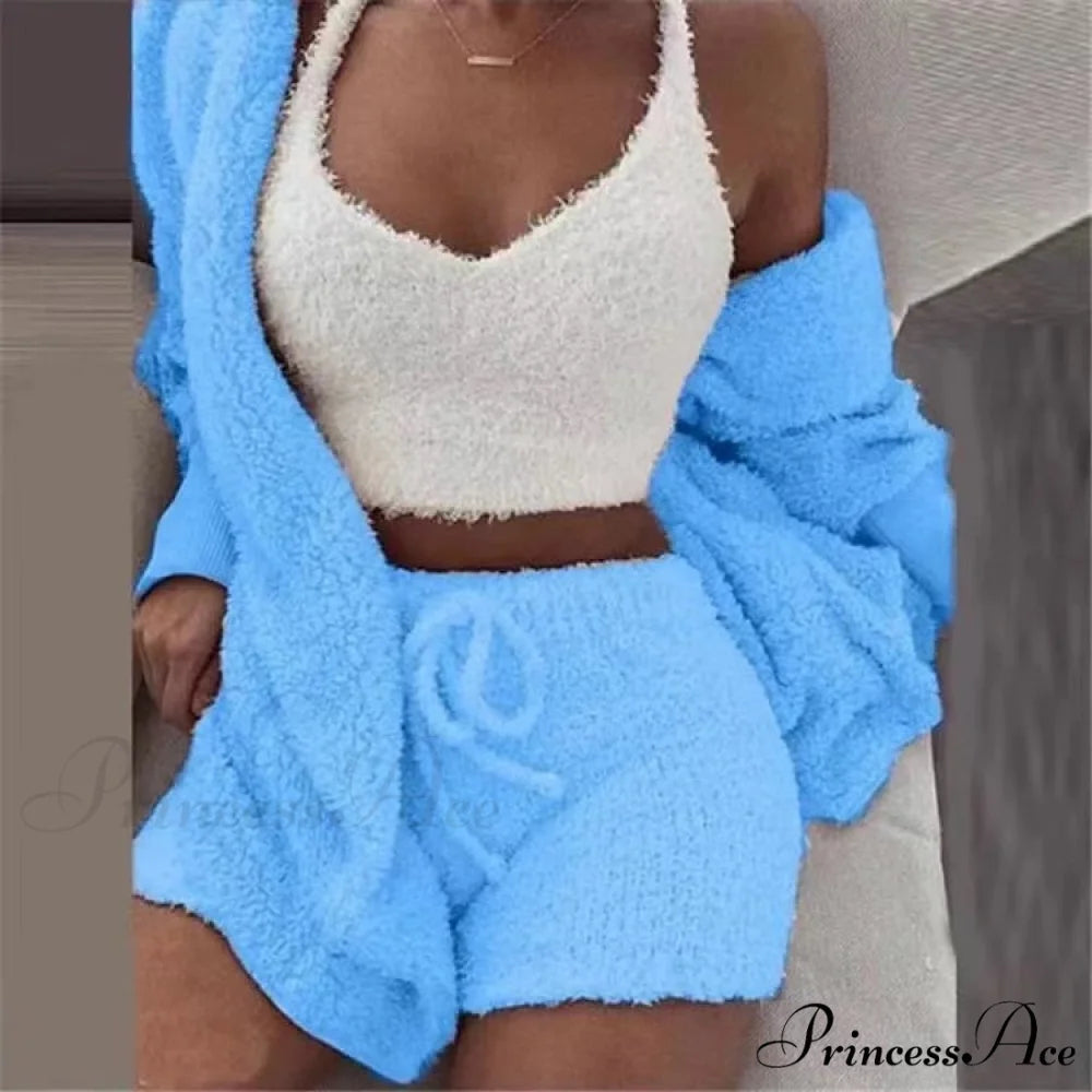 Sexy Fluffy Autumn Piece Sweatshirt Backless Plush Home Sports Women Pyjamas Wear Winter Fleece Outfits Sets 3 Casual