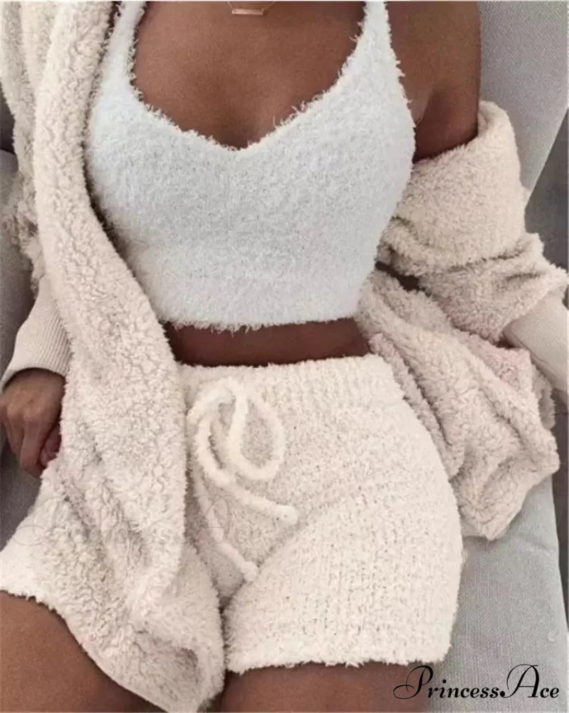 Sexy Fluffy Autumn Piece Sweatshirt Backless Plush Home Sports Women Pyjamas Wear Winter Fleece Outfits Sets 3 Casual