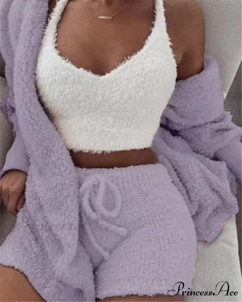 Sexy Fluffy Autumn Piece Sweatshirt Backless Plush Home Sports Women Pyjamas Wear Winter Fleece Outfits Sets 3 Casual