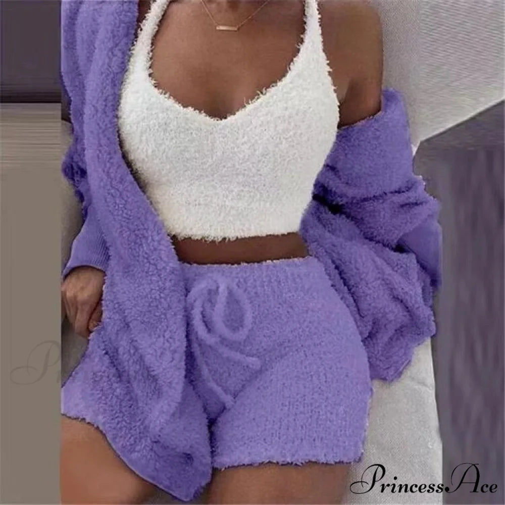Sexy Fluffy Autumn Piece Sweatshirt Backless Plush Home Sports Women Pyjamas Wear Winter Fleece Outfits Sets 3 Casual