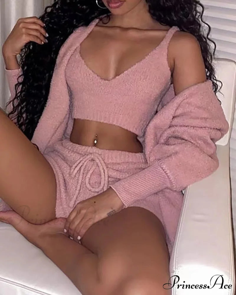 Sexy Fluffy Autumn Piece Sweatshirt Backless Plush Home Sports Women Pyjamas Wear Winter Fleece Outfits Sets 3 Casual