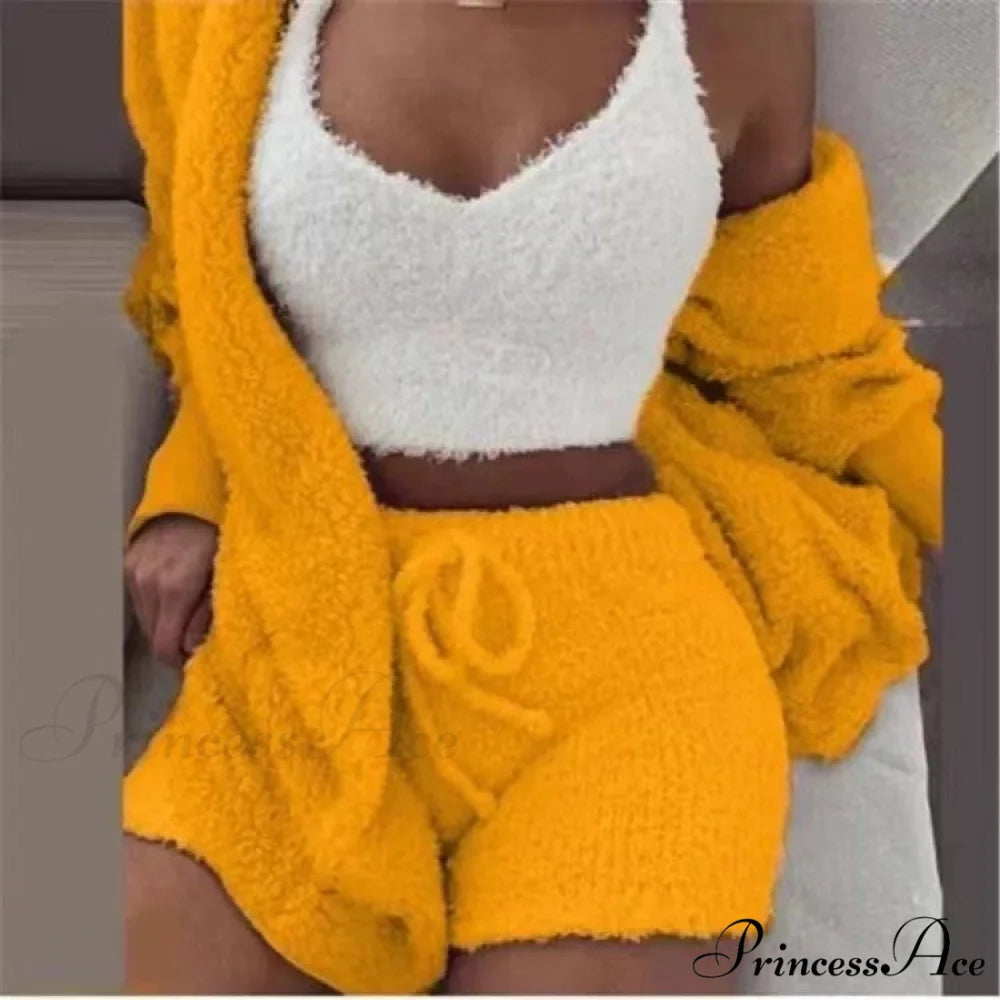Sexy Fluffy Autumn Piece Sweatshirt Backless Plush Home Sports Women Pyjamas Wear Winter Fleece Outfits Sets 3 Casual