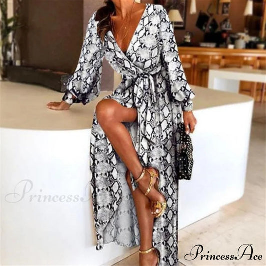 Sexy Glitter Deep V Neck Print Party Dress grey / S