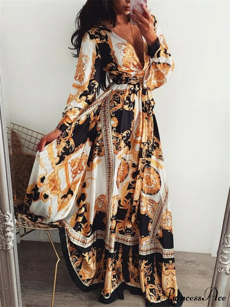 Sexy Glitter Deep V Neck Print Party Dress yellow / S