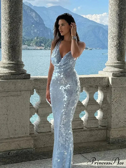 Sexy Glitter Sequinned Women’s Backless Maxi Chic Halter Christmas Party Dress