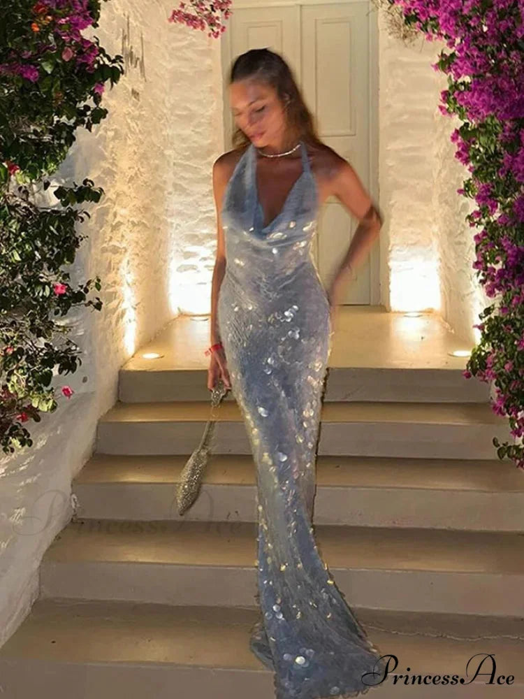 Sexy Glitter Sequinned Women’s Backless Maxi Chic Halter Christmas Party Dress