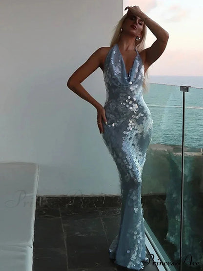 Sexy Glitter Sequinned Women’s Backless Maxi Chic Halter Christmas Party Dress