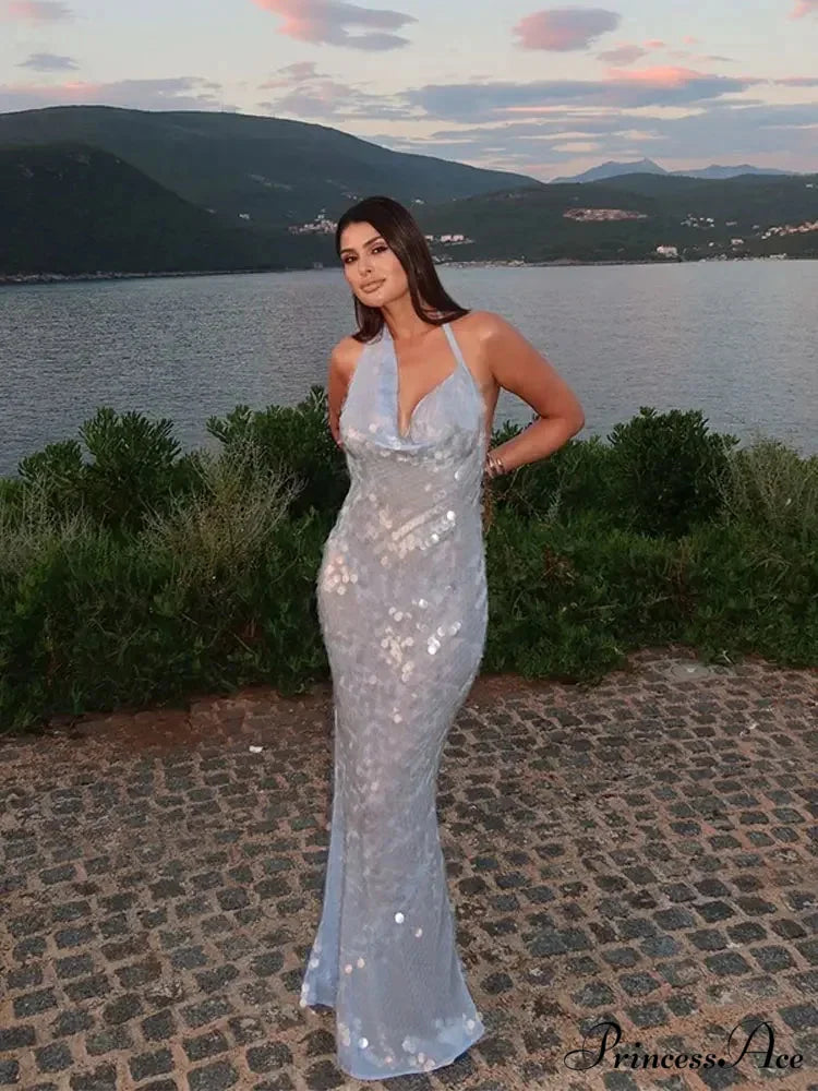 Sexy Glitter Sequinned Women’s Backless Maxi Chic Halter Christmas Party Dress light blue / S