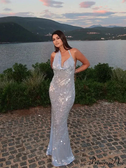 Sexy Glitter Sequinned Women’s Backless Maxi Chic Halter Christmas Party Dress light blue / S