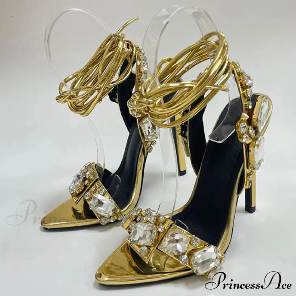 Sexy Golded Ankle-Strap Crystal Diamond Pointed-Toe Sandals Wedding Nightclub High Quality Stripper High Heel 11CM