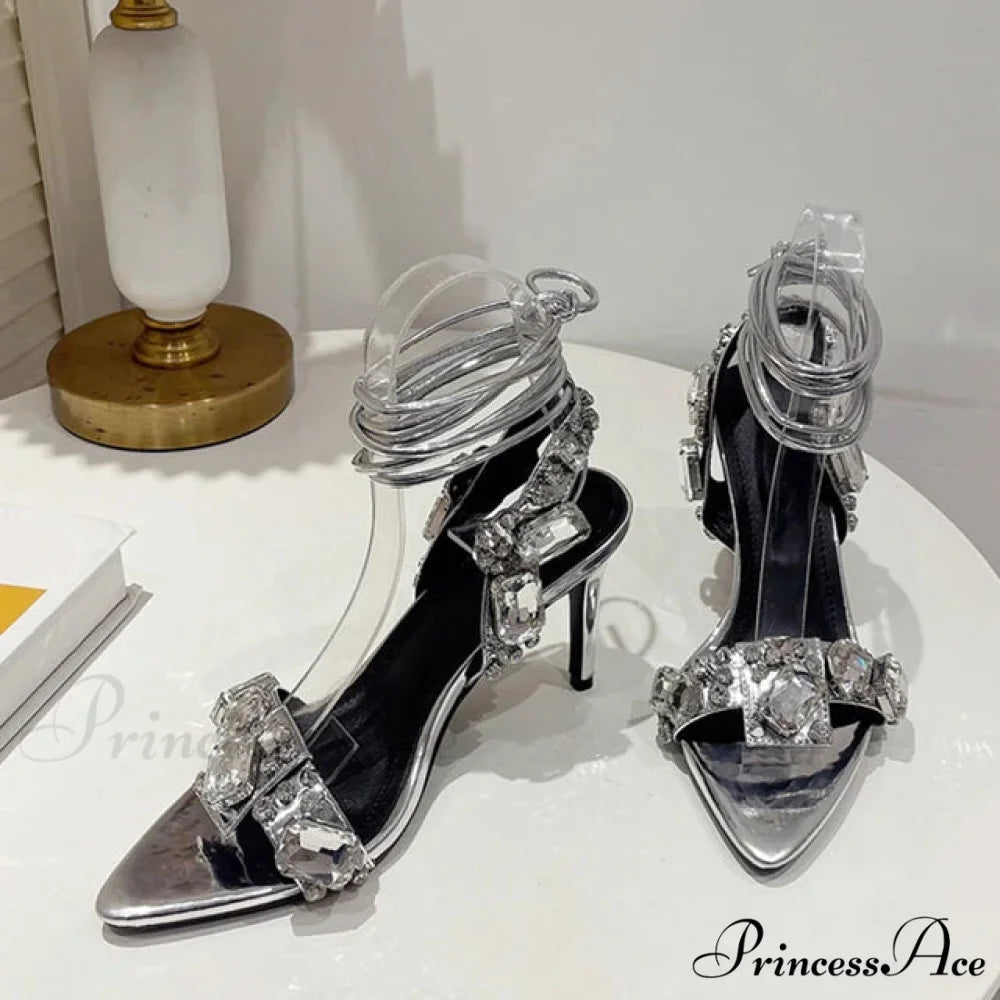 Sexy Golded Ankle-Strap Crystal Diamond Pointed-Toe Sandals Wedding Nightclub High Quality Stripper High Heel 8.5CM