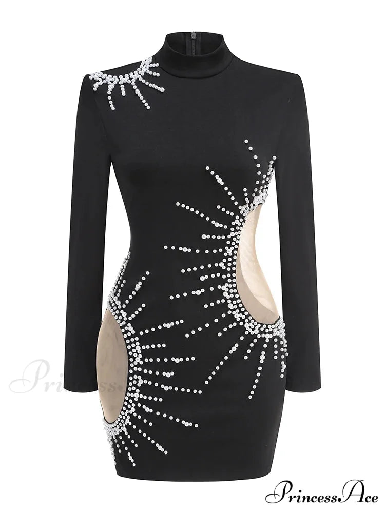 Sexy Half High Collar Hollow Out Pearl Mini Black Christmas Party Dress Black / XS