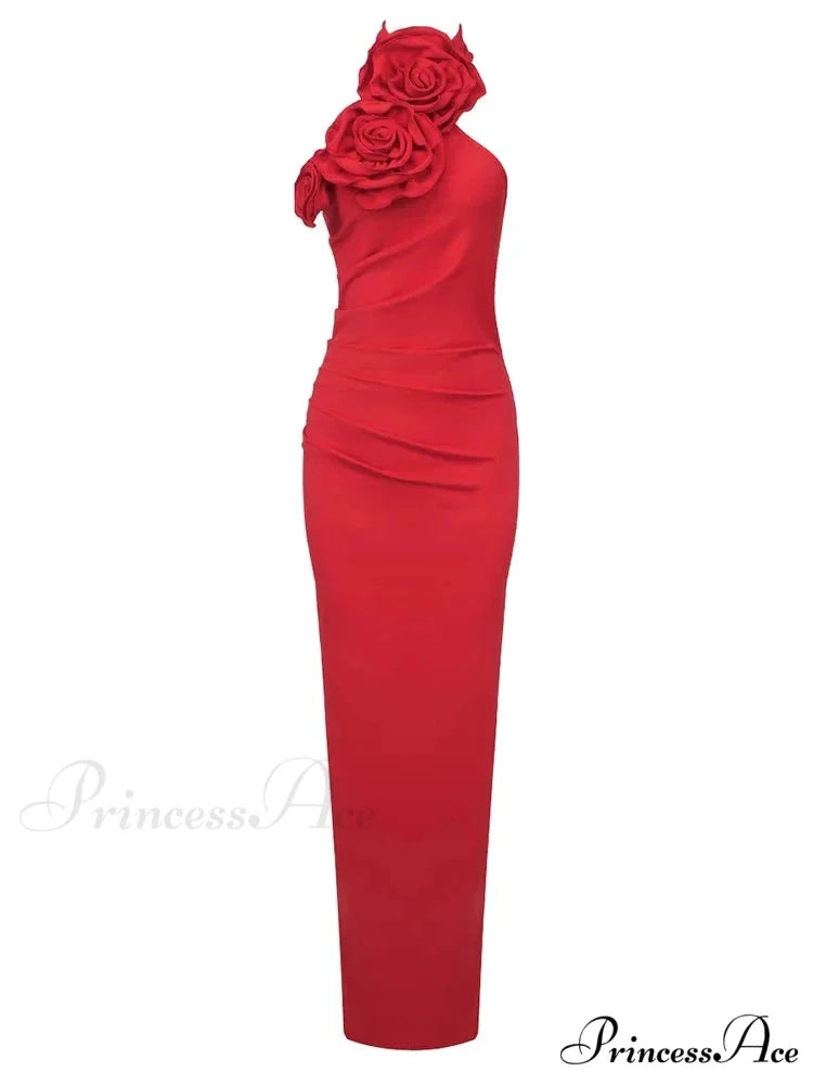 Sexy Halter Backless 3D Flower White Sleeveless High Split Christmas Party Dress Red / S