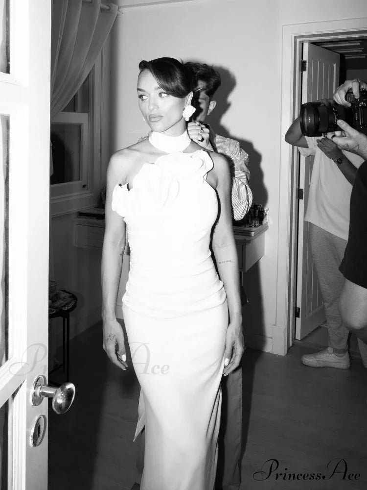 Sexy Halter Backless 3D Flower White Sleeveless High Split Christmas Party Dress WHITE / S