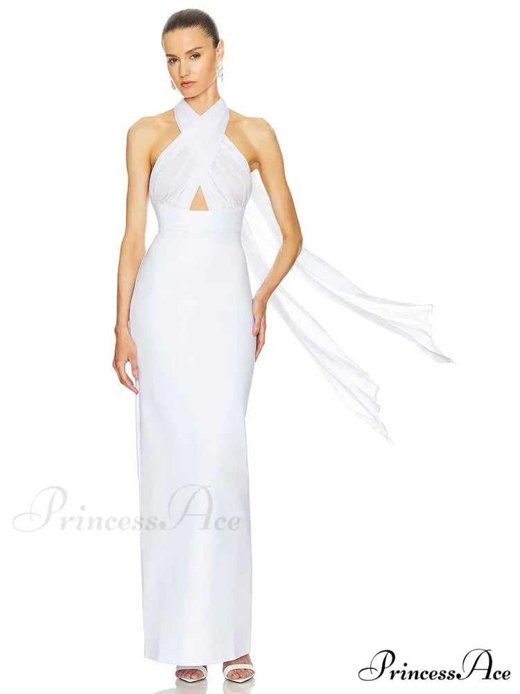 Sexy Halter Backless Mesh Patchwork Black Sleeveless Bodycon Christmas Party Dress WHITE / XS