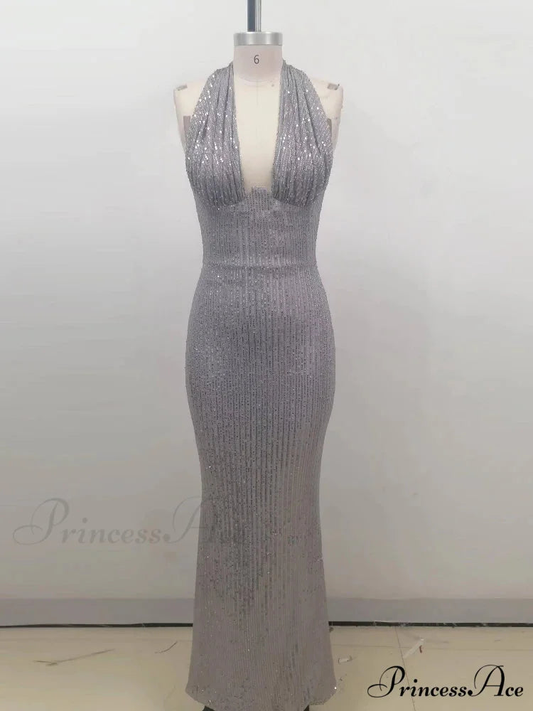 Sexy Halter Deep V Neck Sequins Green Sleeveless Backless Celebrity Christmas Party Dress GRAY / S