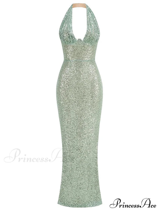 Sexy Halter Deep V Neck Sequins Green Sleeveless Backless Celebrity Christmas Party Dress Green / S