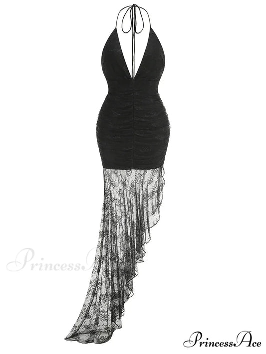 Sexy Halter Lace-up Deep V Neck Lace Ruffles Rose Red Christmas Party Dress Black / XS