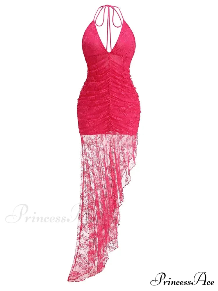 Sexy Halter Lace-up Deep V Neck Lace Ruffles Rose Red Christmas Party Dress Rose Red / XS