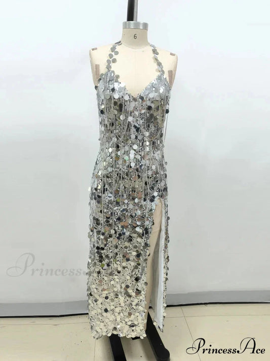 Sexy Halter Lace-up V Neck Shiny Sequins Backless Silver Christmas Party Dress Silver / XS